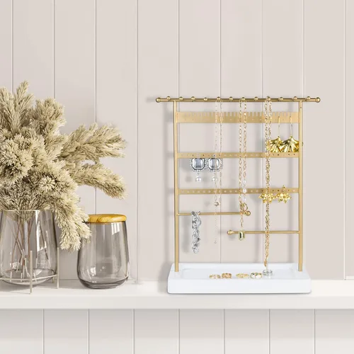 Vista 6 de SANY DAYO HOME Organizador de joyas de 6 niveles, soporte para collares, estante de torre de joyería dorado con 12 ganchos para collares, 29 muescas