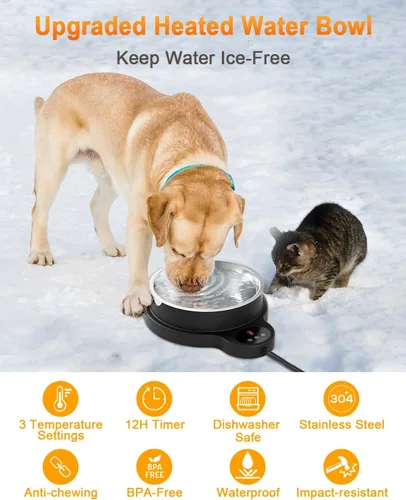 Vista 2 de Tazón de agua caliente para perros y gatos, 3 ajustes de temperatura y temporizador de 12H, tazón para mascotas con calefacción para exteriores