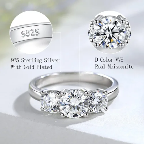 Vista 3 de YODEWA - Anillo de compromiso para mujer con 3 brillantes gemas de moissanita de corte redondo montadas en plata de ley