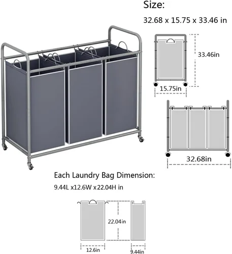 Vista 5 de LINZINAR Clasificador de ropa sucia de 3 bolsas, carrito de lavandería con ruedas enrollables resistentes y bolsas extraíbles (gris) Laundry Room