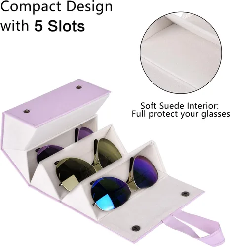 Vista 2 de MEGREZ Caja organizadora de lentes de sol de 5 ranuras, de piel sintética, plegable, para mujer, estuche para gafas de sol, organizador para viajes