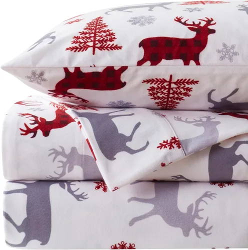 Vista 10 de Sweet Home Collection Juego de sábanas de franela de Navidad, diseño de oso y ciervo, tamaño individual, de microfibra cepillada suave con bolsillo