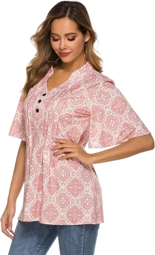Vista 3 de HOCOSIT - Camiseta de manga corta con olanes y cuello en V con estampado de flores, plisada y abotonada, para mujer