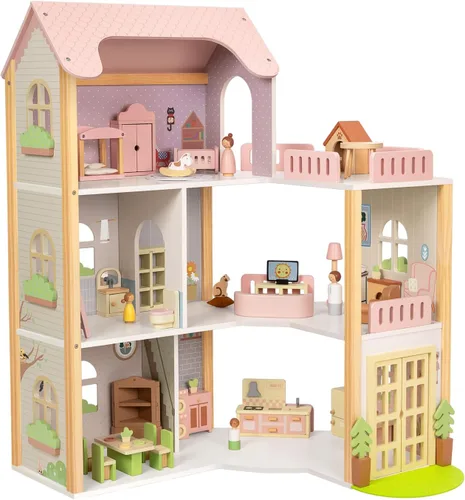 Vista 8 de OOOK Casa de muñecas de madera con 60 accesorios de muebles de lujo, incluyendo 4 muñecas y 2 mascotas, casa grande de muñecas de 3 pisos con 6