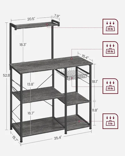 Vista 3 de VASAGLE Estante para panadero, soporte para microondas, estante de almacenamiento de cocina con cesta de alambre, 6 ganchos y estantes