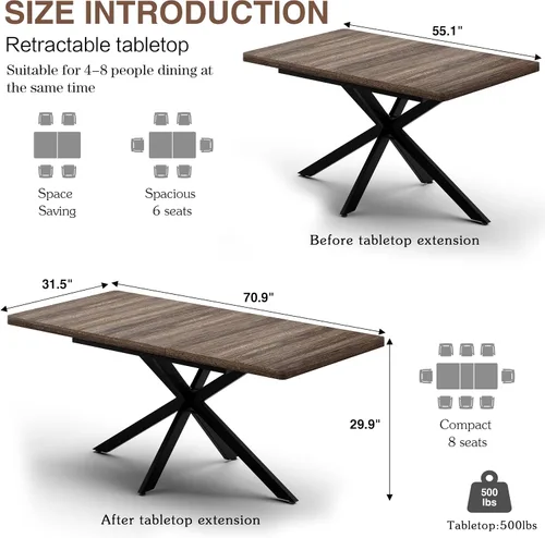 Vista 2 de MECHYIN Mesa de comedor extensible de 55 a 70.9 pulgadas para 4-8 pulgadas, mesa de cocina rectangular expandible con almacenamiento oculto, mesa