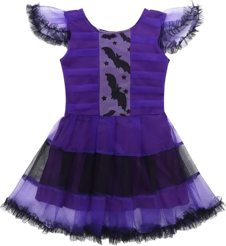Vista 3 de RUNQHUI Disfraz de murciélago vampiro para Halloween y niñas, vestido de princesa con diadema de ala