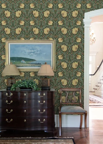 Vista 4 de NextWall Pimpernel Garden - Papel tapiz vintage para despegar y pegar (verde prado y ámbar)
