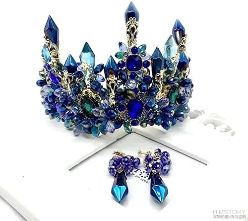 Vista 2 de hair jewelry crown tiaras for women Brides Oversize Blue Baroque Royal Tiaras Crown Headpiece Retro Green Rhinestone Tiara Hairbands Wedding Hair