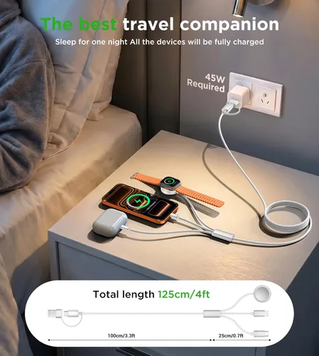 Vista 4 de Esenciales de viaje para cargador de Apple Watch, cargador de iPhone, cable de carga de viaje 3 en 2 tipo C/Lightning/magnético, cable de carga
