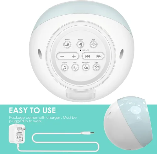 Vista 6 de Reloj despertador para niños, entrenador de sueño infantil con luz nocturna, máquina de sonido de sueño y temporizador de sueño