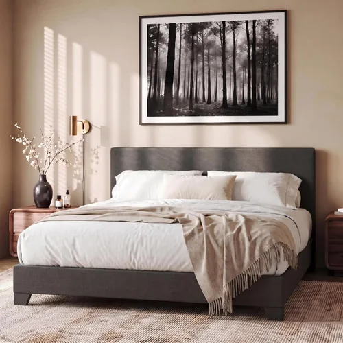 Vista 9 de Allewie Base de cama tamaño matrimonial con cabecera ajustable, cama tapizada con plataforma y listones de madera, base de colchón resistente,