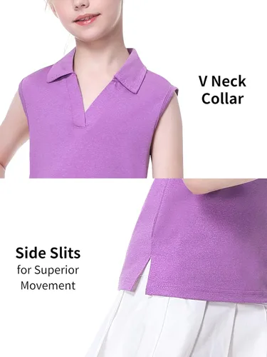 Vista 3 de EXARUS Camisetas polo de golf para niñas, sin mangas, cuello en V, tenis, atléticas, para ejercicio escolar de 5 a 12 años