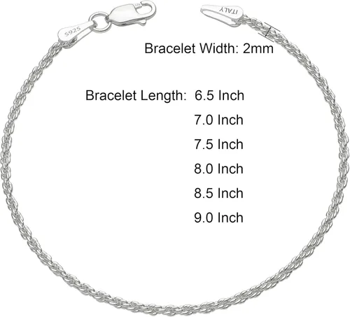 Vista 5 de nometo Pulsera de cadena de cuerda de plata de ley 925, pulsera de cadena de caja, pulsera de cadena de 2mm 3mm 5mm, pulsera chapada en plataoro