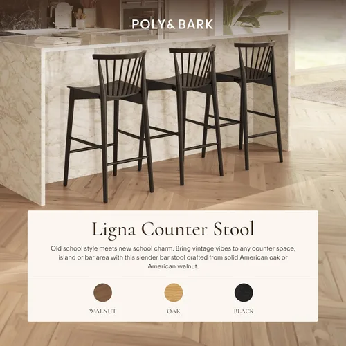 Vista 3 de Poly & BARK Ligna Taburete de mostrador en negro – Taburete inspirado en mediados de siglo con respaldo de husillo esculpido – Marco de roble