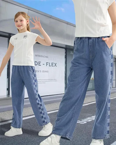 Vista 7 de Rolanko Pantalones vaqueros para niñas, cintura elástica, pierna ancha, pantalones holgados para niños, ropa para niños de 4 a 14 años