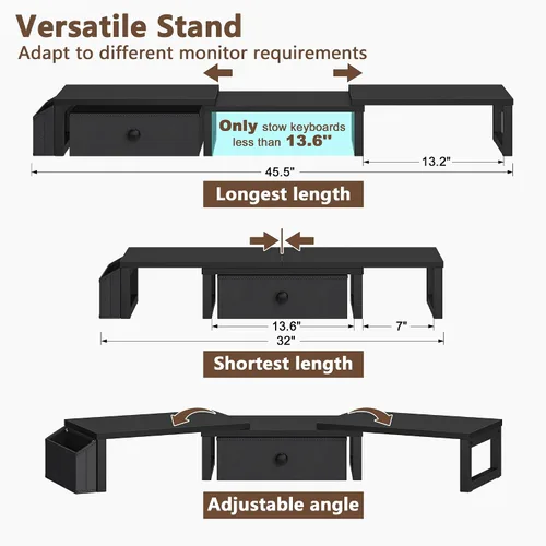 Vista 4 de LAND·VOI Soporte Dual para Monitor con Cajón y Bolsillos Laterales, Elevador de Monitor para Escritorio, Almacenamiento para Escritorio de Oficina