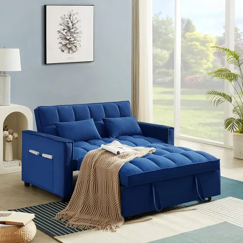 Vista 13 de Sofá cama biplaza de terciopelo convertible y moderno con cama desplegable, respaldo ajustable y 2 almohadas lumbares, para espacios pequeños