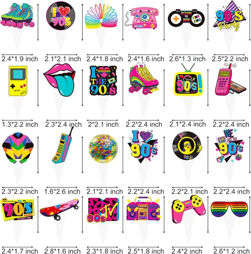 Vista 6 de 48 decoraciones de fiesta de los años 90, temática retro de los años 90, decoración de pasteles de fiesta de los años 90, suministros de fiesta