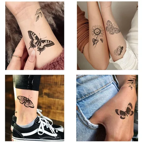 Vista 6 de Tazimi 6 hojas de tatuajes temporales de mariposa de flores negras para mujeres y niñas, de larga duración, realistas, impermeables, tatuajes falsos