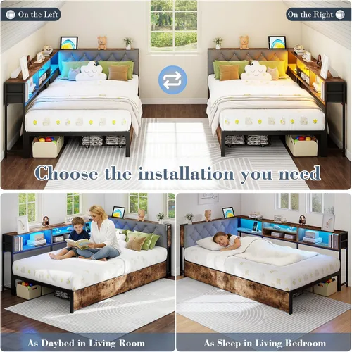 Vista 7 de Doltoro Marco de Cama de Esquina Individual con Estantería de Almacenamiento y Luces LED, Cama Diván Tamaño Individual con 2 Cajones de Gris