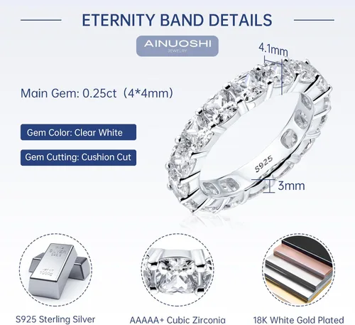 Vista 3 de Ainuoshi - Anillo de eternidad, anillo de plata de ley 925 para mujer, esmeralda, ovalada, radiante, redondo, corte cojín, de circonia cúbica