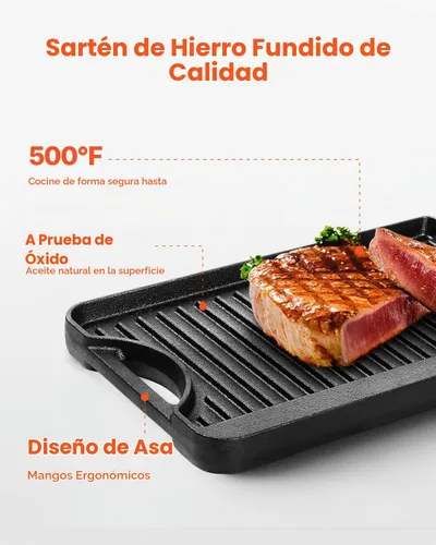 Vista 5 de VEVOR Parrilla/plancha reversible, plancha de hierro fundido pre-sazonada de 14 x 8.5 pulgadas, sartén rectangular portátil con asa, utensilios