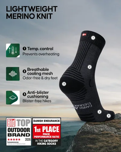 Vista 2 de DANISH ENDURANCE Calcetines de senderismo, ligeros, calcetines de lana merino para hombres y mujeres, absorben la humedad y térmicos, paquete de 3