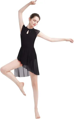 Vista 5 de ODASDO Elegante vestido de baile lírico para mujer, manga casquillo de encaje, falda de tul asimétrica, leotardo, disfraz contemporáneo, XS-XL