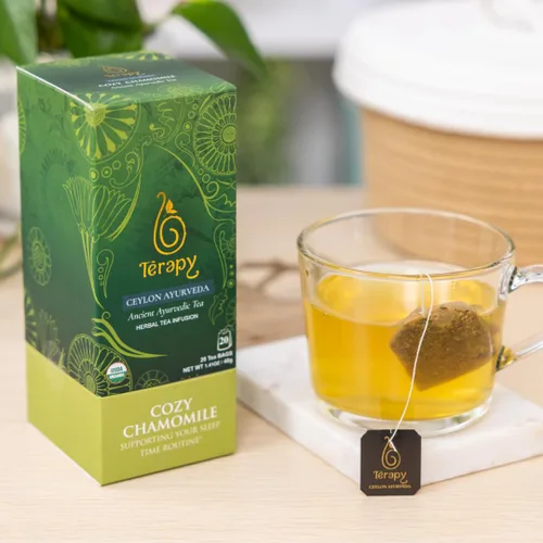 Vista 4 de Térapy Té de Manzanilla de Ceilán Bolsas de té de hierbas orgánicas USDA Ingredientes ayurvédicos 100% naturales incluyendo manzanilla orgánica