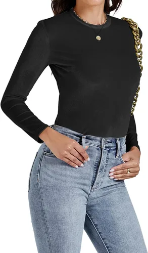 Vista 4 de LYANER Leotardo de terciopelo de manga larga con cuello redondo para mujer