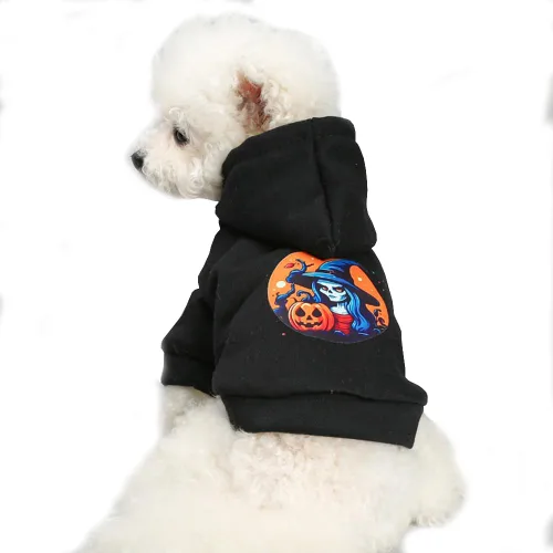 Vista 2 de Sudaderas con capucha para cachorros negros para perros pequeños con patrones de calabaza y calavera y bruja, sudadera cálida para perros