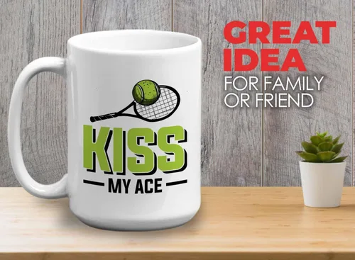 Vista 2 de Taza de café de tenis de 15 onzas, color blanco, Kiss My Ace, jugador de tenis, atleta, afición, divertido juego de palabras, sarcasmo, broma