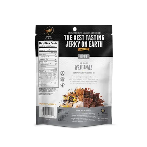 Vista 2 de Perky Jerky Carne seca original 100% alimentada con pasto, 1 onza (paquete de 12), sin antibióticos, 0.35 onzas de proteína por porción, baja