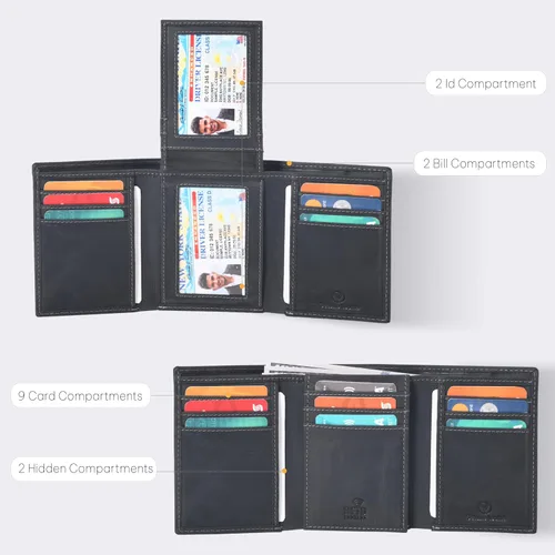 Vista 2 de VALENCHI Cartera de piel auténtica para hombre, con bloqueo RFID, delgada, con solapa media, 9 tarjetas, 2 ventanas de identificación + 2