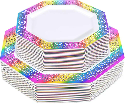 Vista 10 de Supernal 120 platos de plástico iridiscente brillante, platos desechables para fiestas, día de San Valentín, día de la madre y Pascua, platos