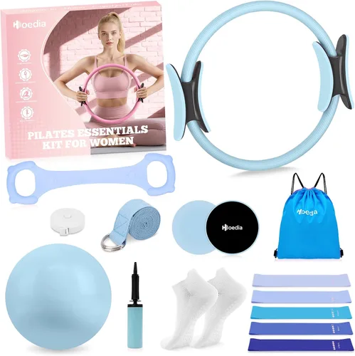 Vista 13 de Hoedia Kit de Pilates de 17 Piezas para Mujeres, Equipo de Pilates Anillo y Pelota Set con Bandas de Resistencia, Correa de Yoga, Deslizadores