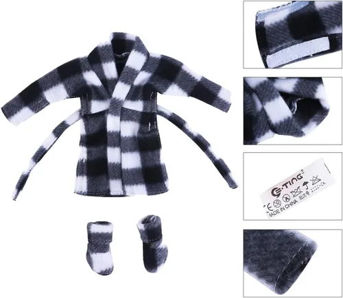 Vista 3 de E-TING - Ropa de Papá Noel y albornoz, accesorios navideños para muñeca elfo (Albornoz a cuadros blanco y negro)