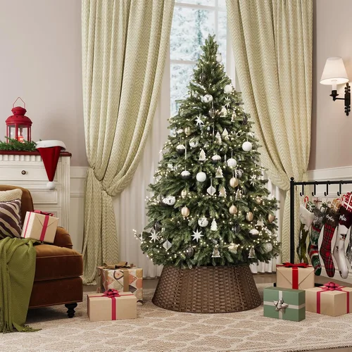 Vista 2 de Collar de mimbre para árbol de Navidad, cubierta de base de árbol PP marrón plano