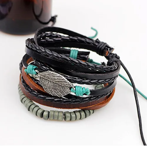 Vista 4 de Long tiantian Pulsera de cuero para hombres y mujeres, pulseras étnicas tribales, pulseras de cuero, ajustables, hechas a mano, cuerda trenzada