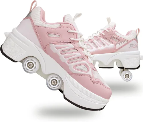 Vista 16 de Zapatillas de Patines de Ruedas para Niñas, Niños, Mujeres, Hombres, Zapatos de Patinaje de Doble Fila, Zapatillas con Ruedas Retráctiles, Patines