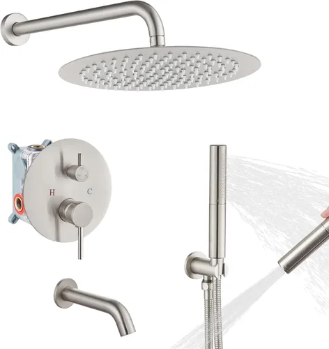Vista 10 de Airuida Sistema de ducha con boquilla de bañera, cabezal de ducha redondo de 10 pulgadas con 2 funciones, ducha de mano, montaje en pared, juego