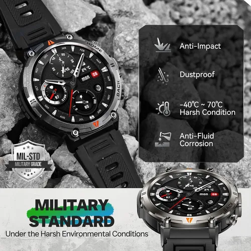 Vista 7 de Reloj inteligente militar para hombre, reloj GPS con linterna, brújula 3ATM, impermeable, resistente, táctico, inteligente, Bluetooth, 1.45