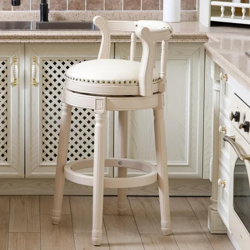 Vista 17 de RAINMOOD Taburetes de bar giratorios de cuero genuino beige mostrador de barra de madera con reposapiés para cocina, comedor, sala de estar