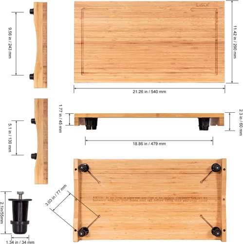 Vista 6 de Cubierta de bambú para estufa y tabla de cortar de encimera con patas ajustables, tabla de cortar de doble propósito para quemador de estufa