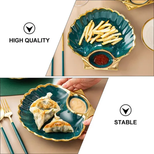 Vista 6 de DOITOOL Plato de bola de masa en forma de concha con compartimento para salsa, elegante plato de cerámica para sushi para albóndigas, aperitivos