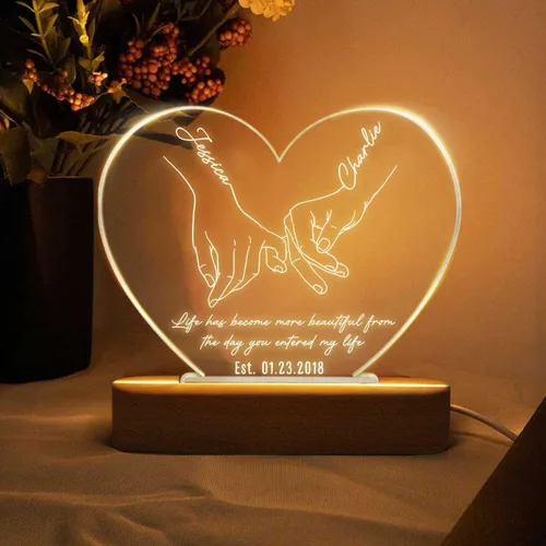 Vista 9 de Apeso Placa de corazón personalizada con nombre de pareja simple con luz nocturna LED, regalo del día de San Valentín