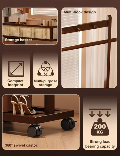 Vista 5 de Perchero con estante con cesta de almacenamiento y ganchos, estantes independientes para espacios pequeños, esquinero, dormitorio, entrada, pasillo