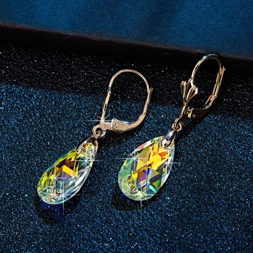 Vista 5 de Aretes con dijes con forma de lágrima de cristal austriaco, para mujer, cierre catalán, chapados en oro de 14quilates joyas hipoalergénicas