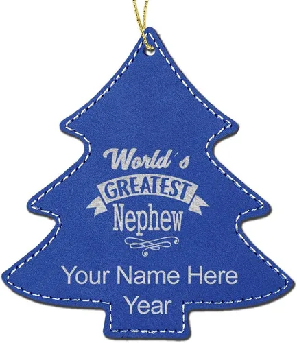 Vista 6 de LaserGram Adorno de Navidad personalizado, sobrino más grande del mundo, piel sintética, idea de regalo grabada con láser personalizado